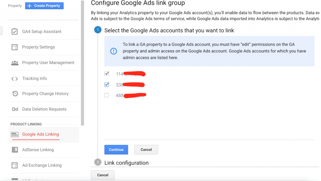 Select the Google Ad accounts that you want to link to.
